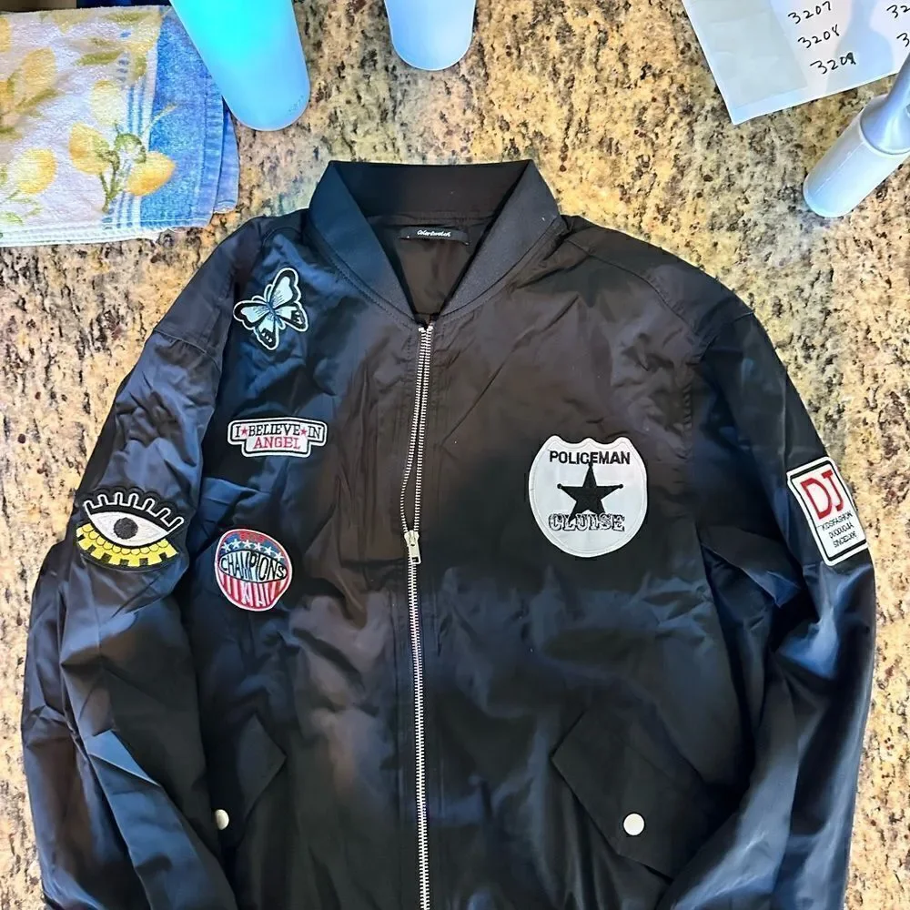 NWT - Women’s Curvy Plus Retro Patches Front Zipper Black Bomber Jacket Size 1XL